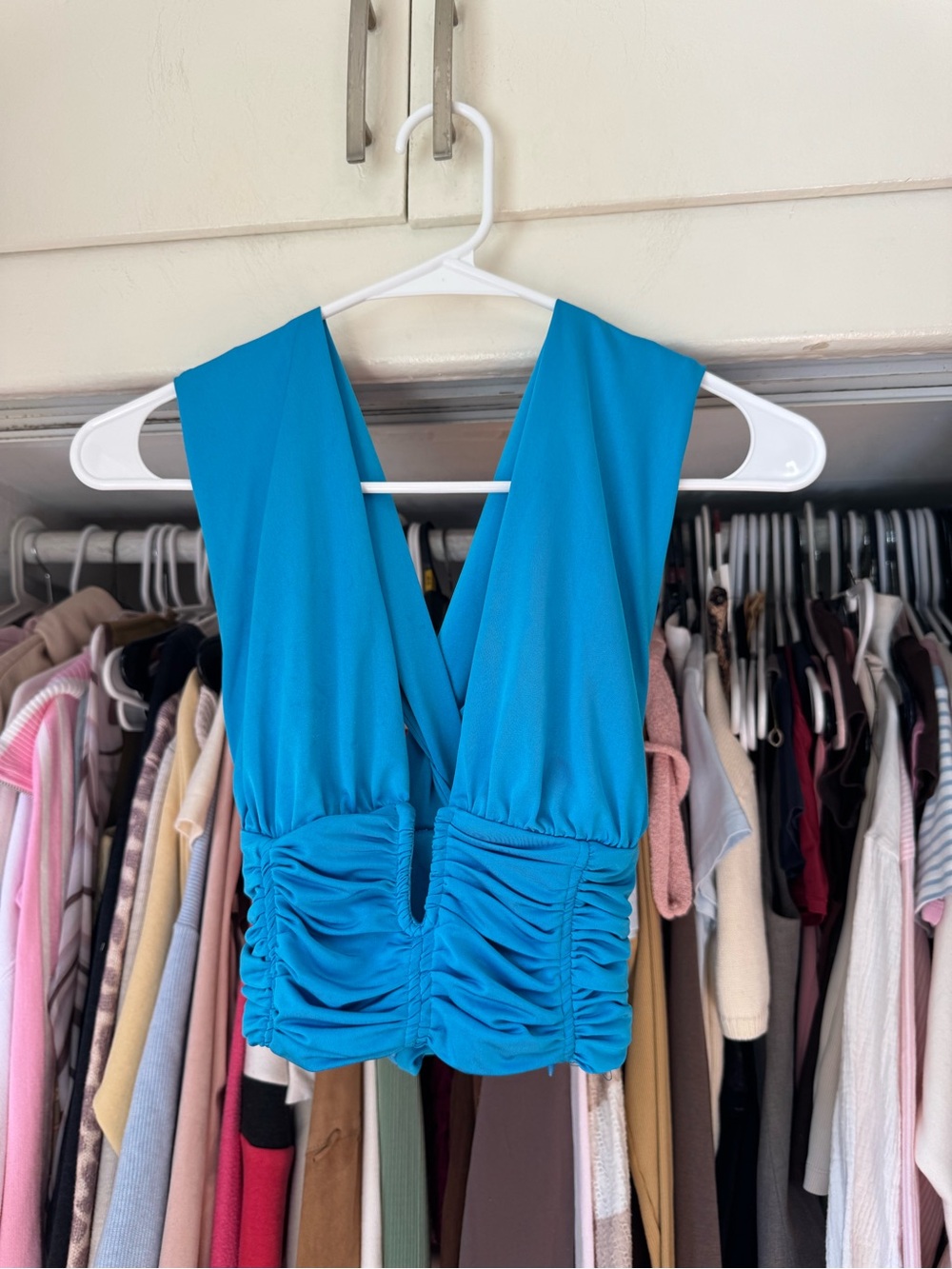 Zara Bright Turquoise Ruched V-Neck Crop Top